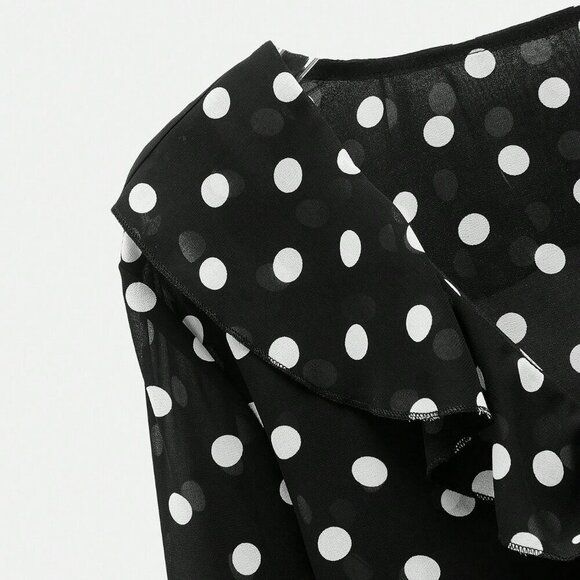 Black Women's Polka Dot Print Design Front Bow Tie Ruffle details blouse - Picture 10 of 11